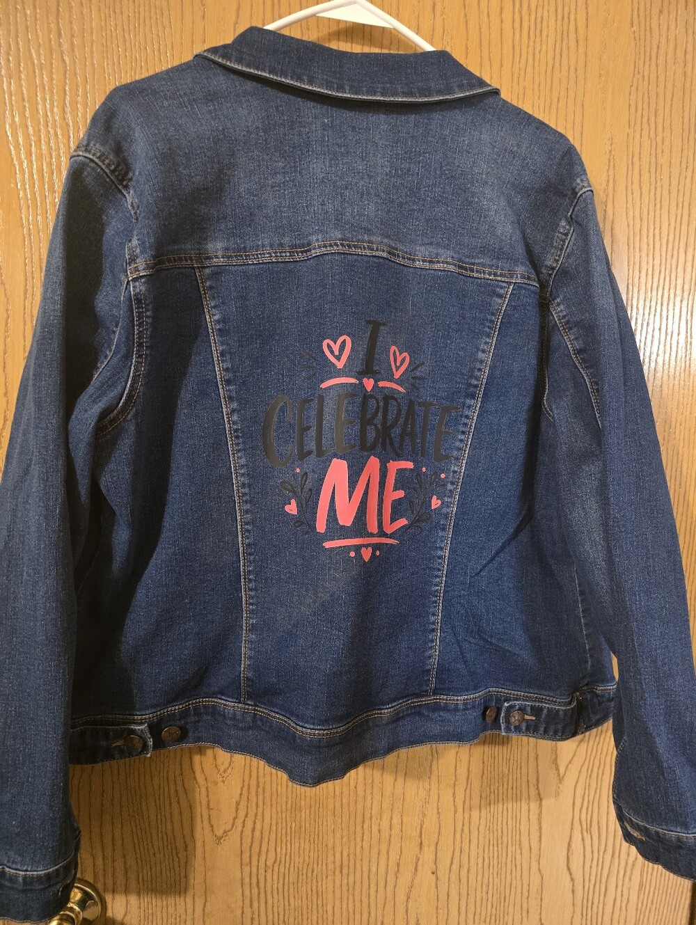 Dark Blue Denim Jacket with Pink 'Celebrate Me' Graphic